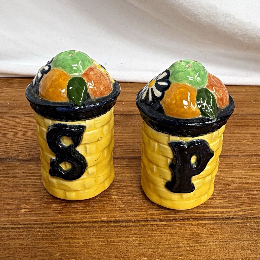 Vintage Ceramic Basketweave Floral Fruit Salt & Pepper Shakers Set w/ Cork-stops